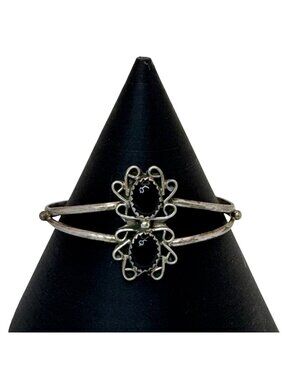 Southwest Onyx Sterling Silver Cuff Bracelet Black Onyx Scrollwork Vintage  6"